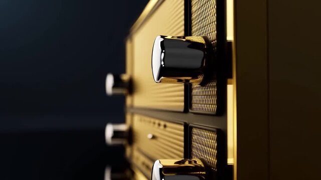 Panning slow tracking shot of amplifier knobs rotating on gold speaker cabinet control panel with reflective chrome surfaces in dark studio setting