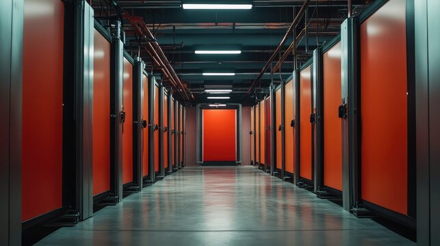 Data center corridor with server racks and infrastructure