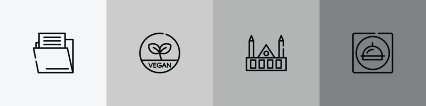 restaurant elements outline icon set featuring file folder, vegetarian, chartres cathedral, restaurant app icons.