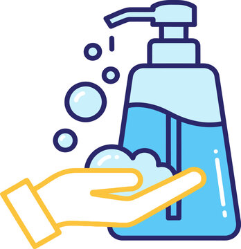 Hand soap dispenser bottle with foam bubbles icon