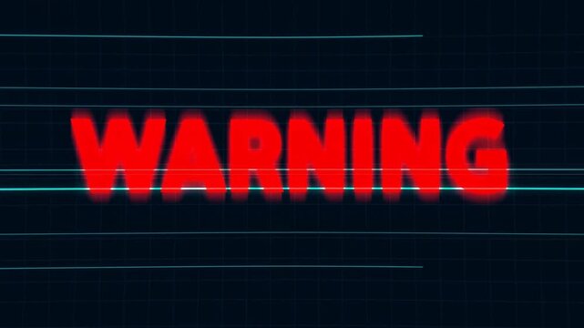 Tracking shot of warning text sliding across digital grid interface on dark monitor with cyan scan lines and red letters