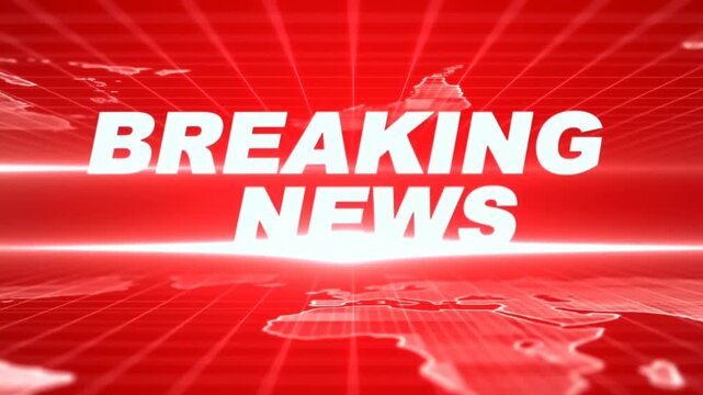 Zoom in on breaking news title over animated red grid world map background with glowing white text and horizontal light flare