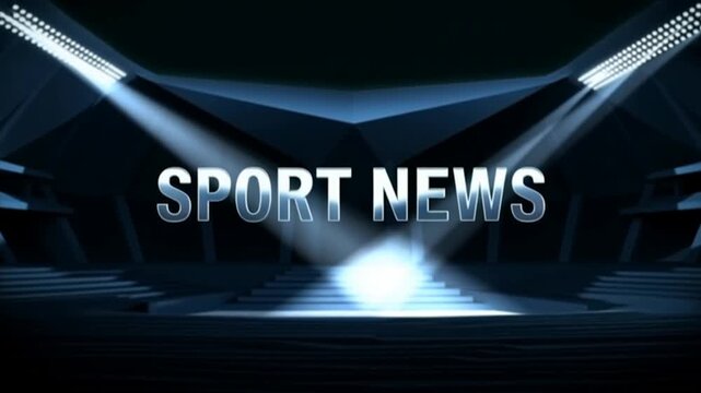 Zoom in shot of sport news title revealed by shifting spotlights on indoor stadium stage set for broadcast