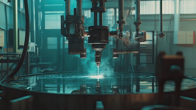 Industrial waterjet cutting machine processing metal in factory