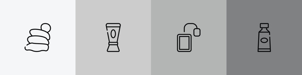 grooming outline icon set featuring snail slime, hair conditioner, tea bag, toothpaste icons. © VectorStockDesign