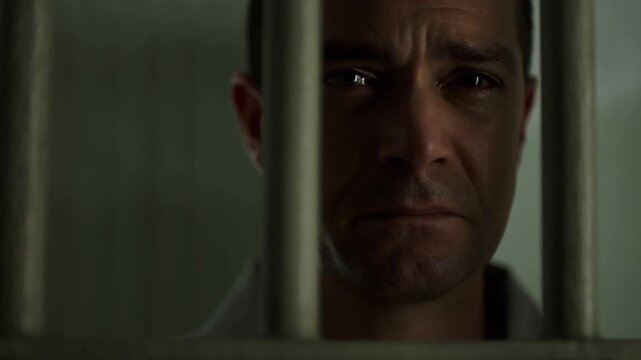 Static close up shot of man behind jail bars showing restrained emotion inside dim prison cell interior