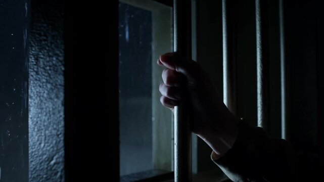 Handheld tracking shot of woman reaching and gripping metal bars inside dimly lit prison cell interior
