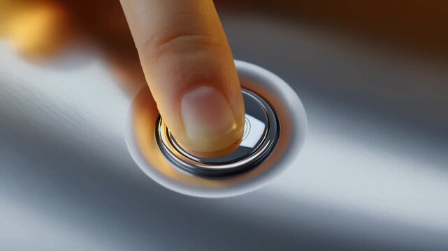 Macro tracking shot of fingertip pressing go button on brushed metal device panel with reflective chrome finish