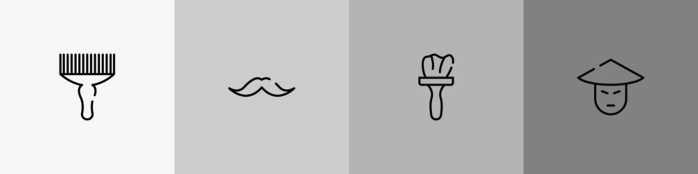 beauty outline icon set featuring afro pick, moustaches, tint, asian icons.
