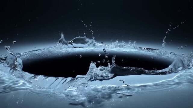 Slow motion close up of water splash forming crown and ripple on reflective surface in dark studio tabletop