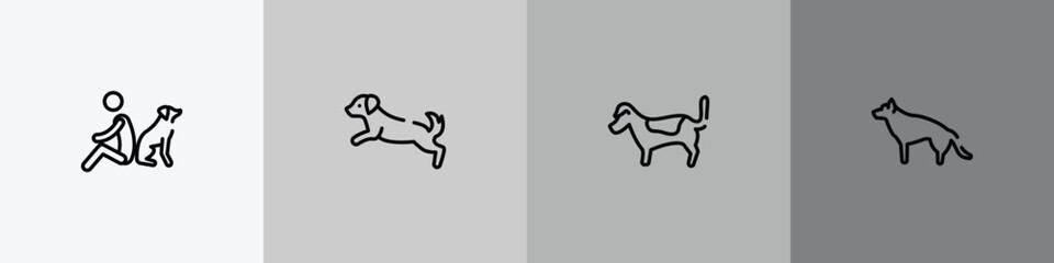 Fototapeta premium dog breeds fullbody outline icon set featuring dog and man seating, dog scaping, jack russell terrier, german sheperd icons.