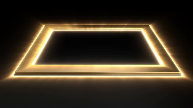 Slow zoom tracking shot of glowing gold rectangular frame approaching and brightening on dark studio surface
