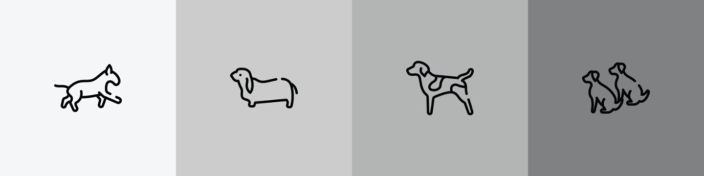 dog and training outline icon set featuring bulterrier, bas hound, german shorthaired pointer, dogs icons.