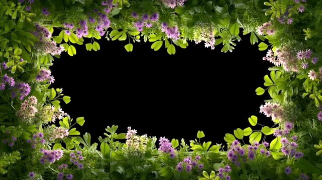 Panning shot of floral border framing black center with slow tracking reveal of lush green and purple foliage on studio backdrop