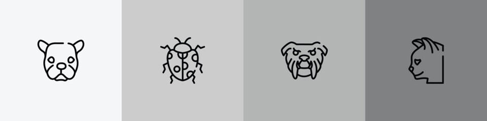 fauna outline icon set featuring face of staring dog, spots ladybug, angry bulldog face, cat head icons. © VectorStockDesign