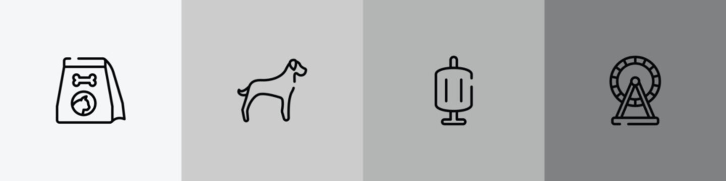 pet shop outline icon set featuring cat food, great dane, sponge filter, hamster wheel icons.