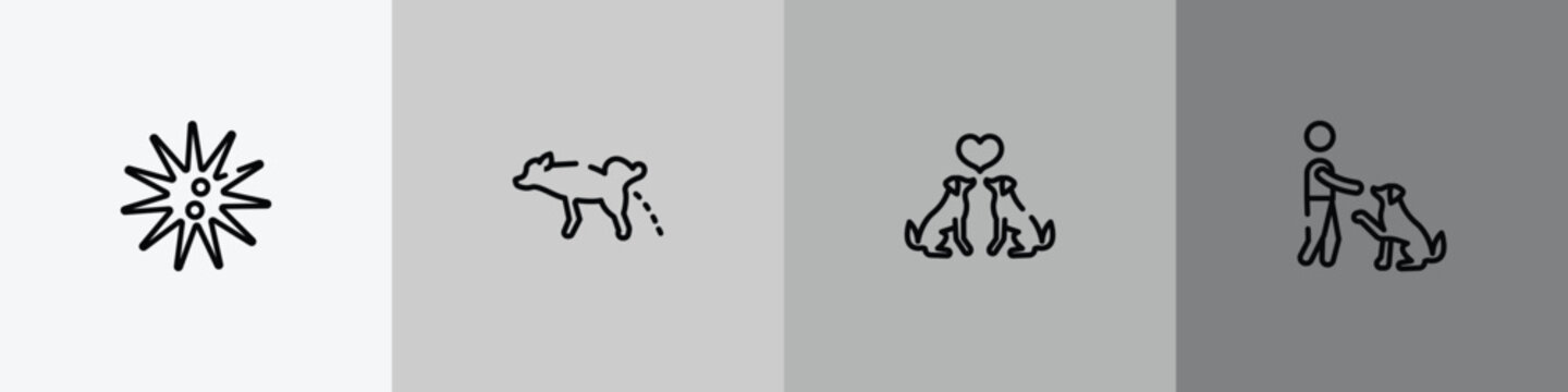 dog and training outline icon set featuring sea urchin, dog urinating, couple of dogs, man and dog icons.