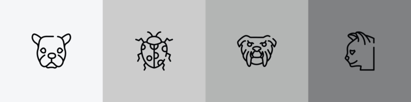 fauna outline icon set featuring face of staring dog, spots ladybug, angry bulldog face, cat head icons.
