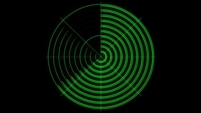 Time lapse rotation of radar display scanning concentric green rings with sweeping scan across black cockpit console interface monitoring targets
