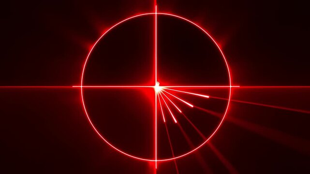 Static shot of neon red circle rotating with emerging radial light spokes forming and expanding over black background