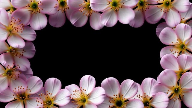 Panning shot of cherry blossom petals forming floral border and revealing black background in studio close up