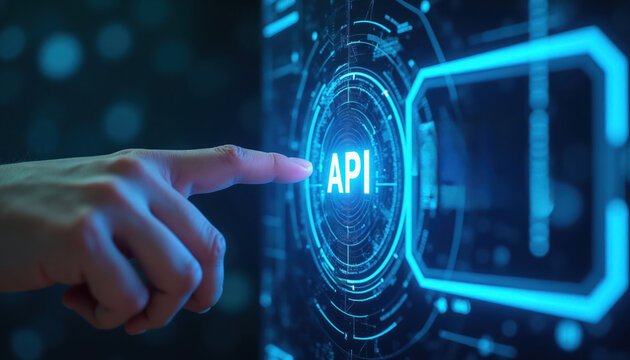 Human finger presses glowing blue API button on futuristic digital interface. Interface shows circuits and data. Conceptual tech for software development and integration.