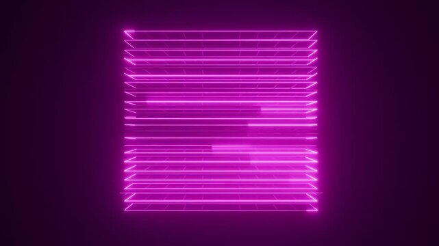 Tracking shot of glowing neon horizontal lines shifting and forming rectangular grid with pulsing magenta light in dark studio setting