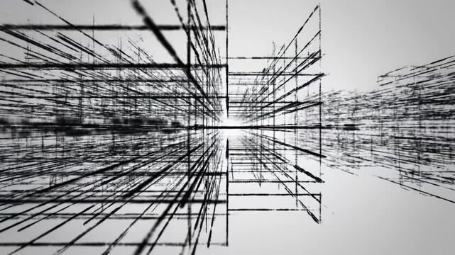 Abstract black and white architectural wireframe grid with perspective leading to light