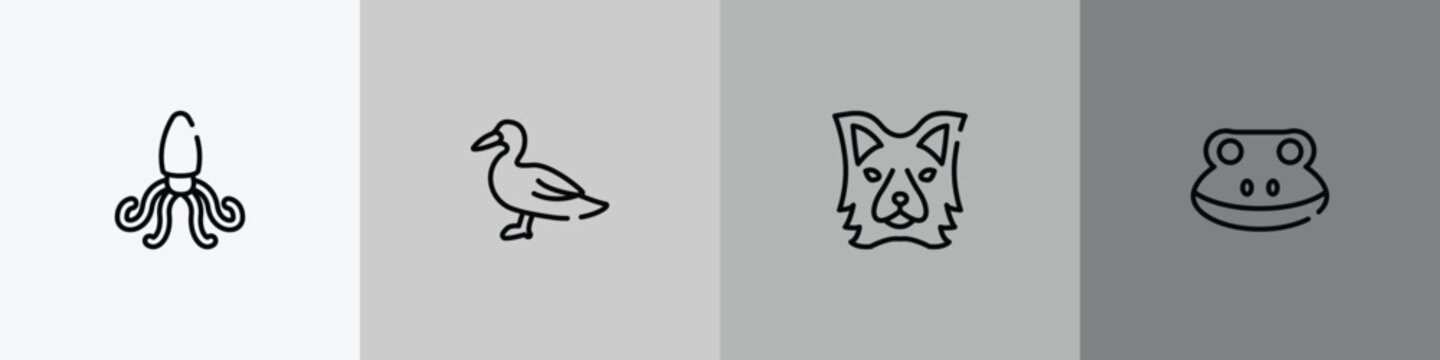 fauna outline icon set featuring giant squid, wild duck, border collie head, frog head icons.