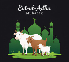 Fototapeta premium Eid-ul-Adha Mubarak greeting card with cow, goat, and sheep illustration