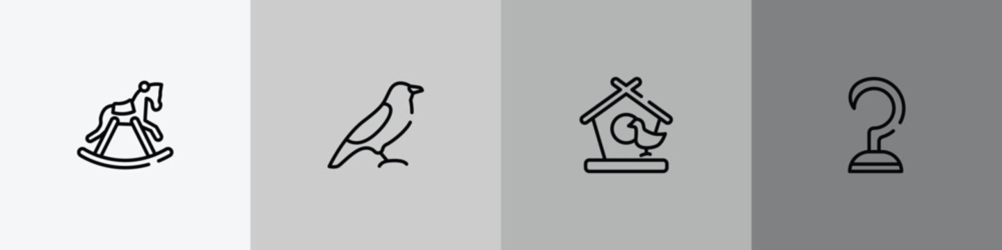halloween outline icon set featuring horse rocker black, bird of black feathers, bird and house, hook icons.