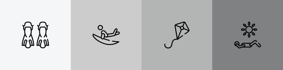diving outline icon set featuring flippers, surf, kite, sunbathing icons. © VectorStockDesign