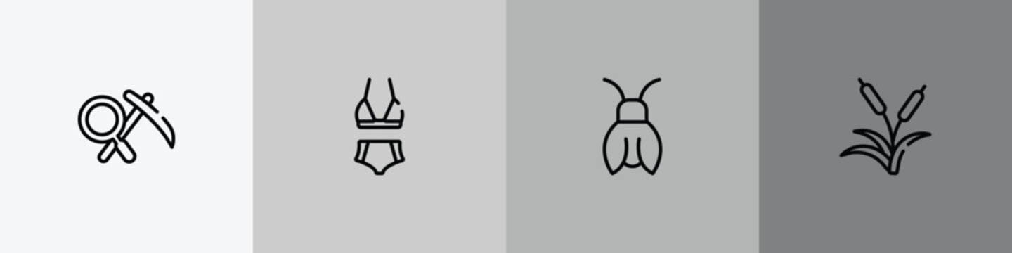 nature outline icon set featuring geology, bikini, cicada, reeds icons.