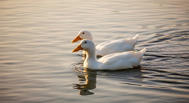 Two white ducks swimming together in calm water at sunset