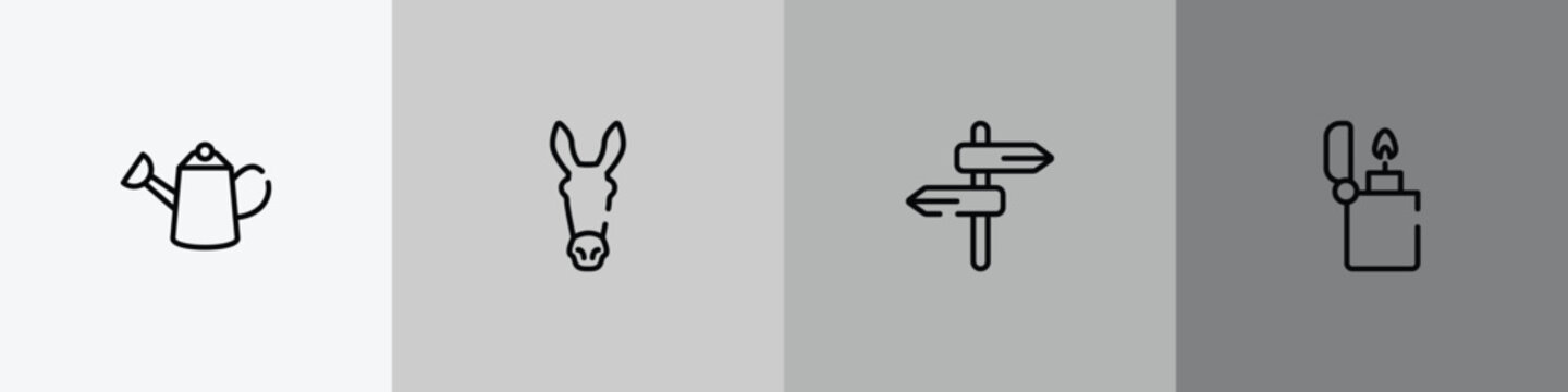 hunting outline icon set featuring watering can, donkey, road, lighter icons.