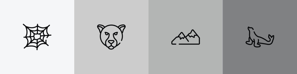 zoo outline icon set featuring cobweb, jaguar, mountains, sea lion icons. © VectorStockDesign