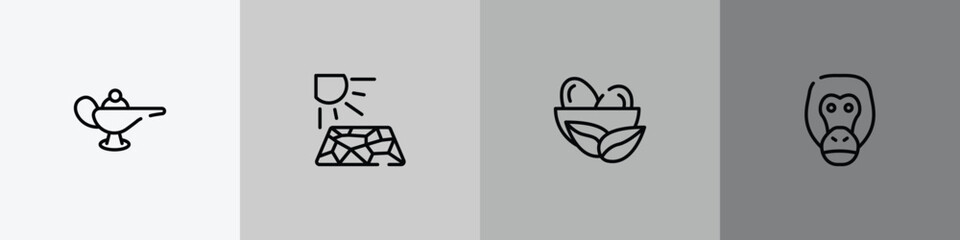 zoo outline icon set featuring magic lamp, crack, nest, orangutan icons. © VectorStockDesign