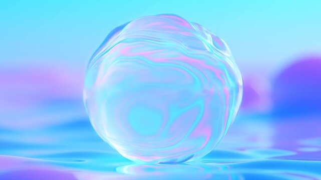 Slow motion tracking shot of iridescent soap bubble bobbing and rotating above shimmering liquid surface in pastel studio background