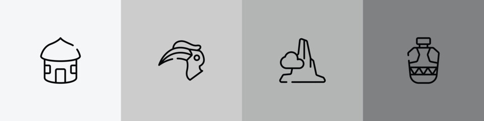 africa outline icon set featuring hut, hornbill, pico cao, canteen icons. © VectorStockDesign
