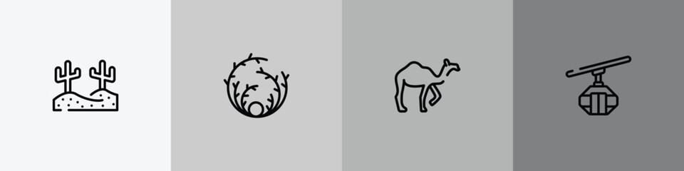 winter nature outline icon set featuring desert, tumbleweed, camel, cable car cabin icons. © VectorStockDesign