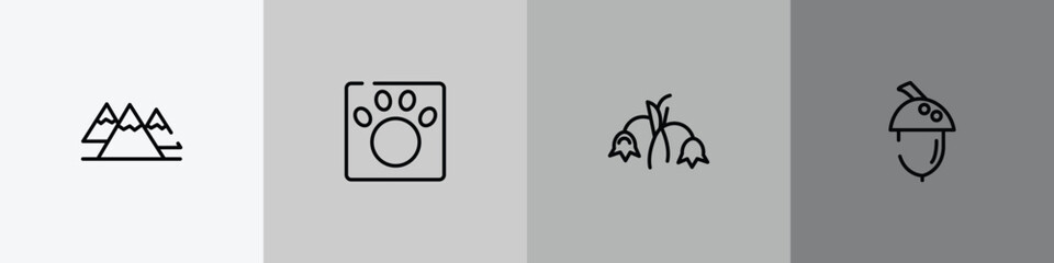 nature outline icon set featuring mountains, veterinarian, harebell, acorn icons. © VectorStockDesign