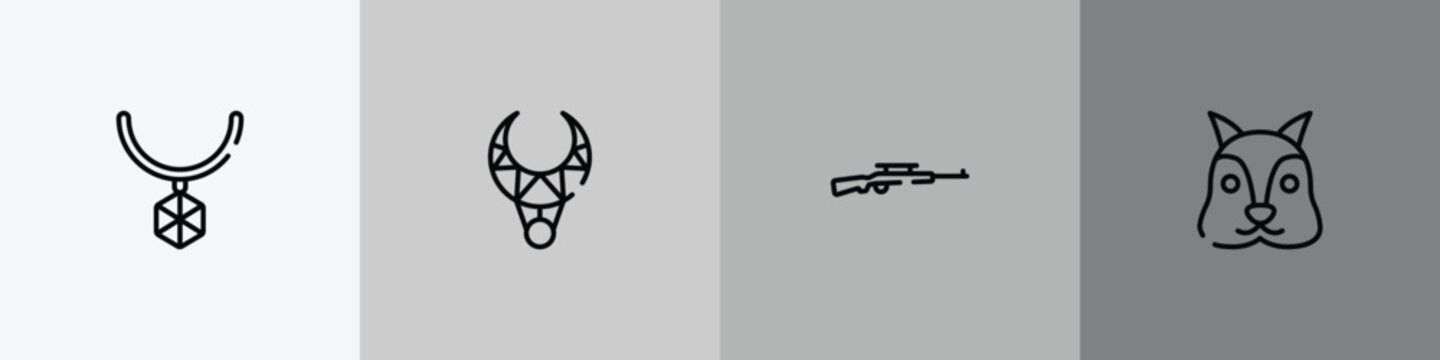 animals outline icon set featuring pendant, necklace, rifle, squirrel icons.