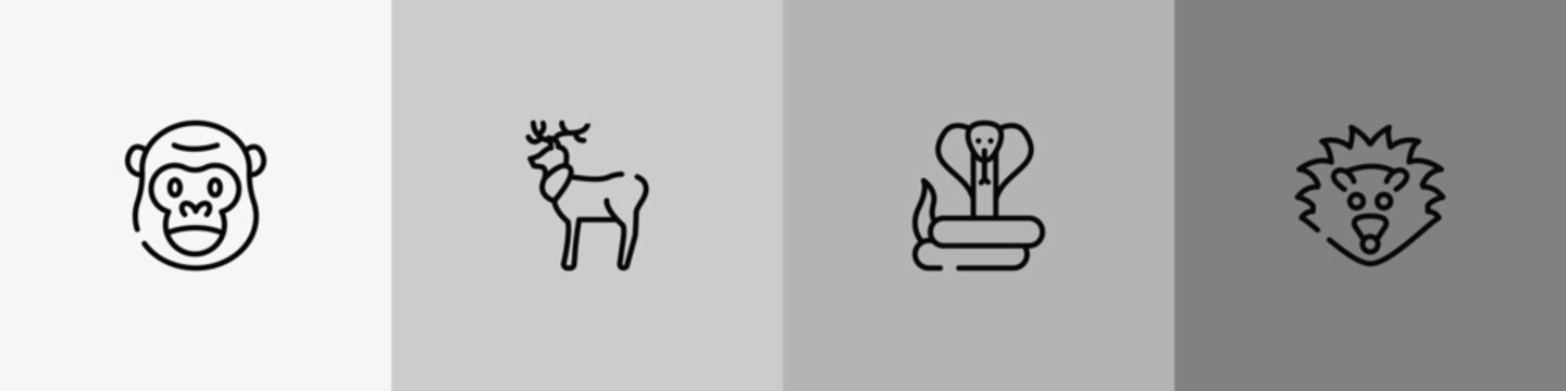 animals outline icon set featuring gorilla, reindeer, cobra, hedgehog icons.