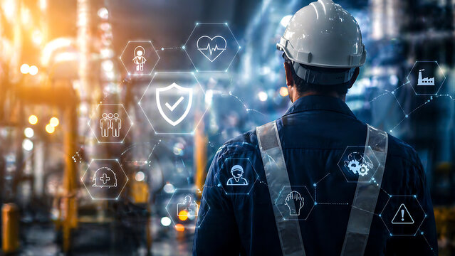Industrial engineer looking at factory machinery with glowing holographic icons during world day for safety and health at work promoting modern workplace hazard prevention protocols
