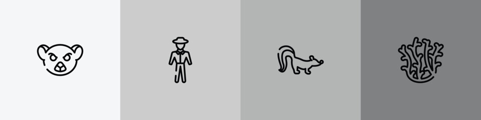 wildlife outline icon set featuring lemur, trainer, skunk, coral icons. © VectorStockDesign