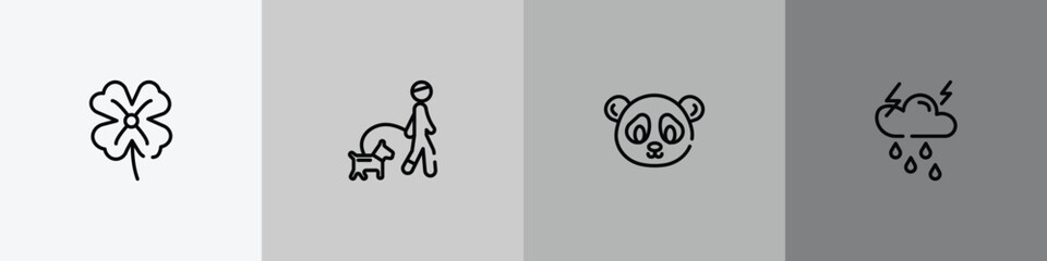 nature outline icon set featuring clover, walking the dog, panda bear, thunderstorm icons. © VectorStockDesign