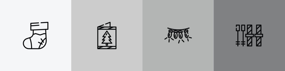 Obraz premium winter outline icon set featuring christmas sock, christmas card, lights, ski equiptment icons.