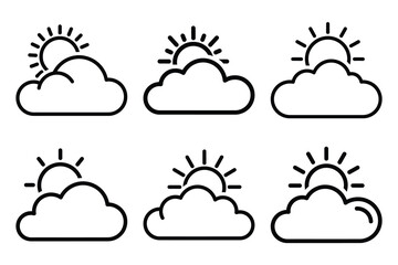 Fototapeta premium Hand drawn sun behind cloud weather outline icon set. Minimal Line art weather icons.