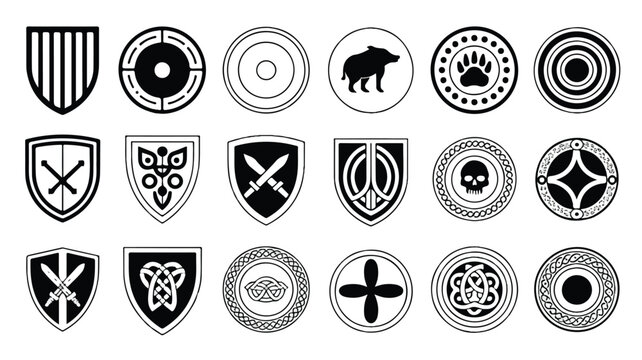 Collection of various shield and round logo designs with different symbols and patterns