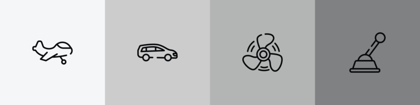 car repair outline icon set featuring small plane, station wagon, ship propeller, gearshift icons.